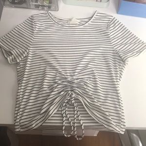White and black striped short sleeve crop top